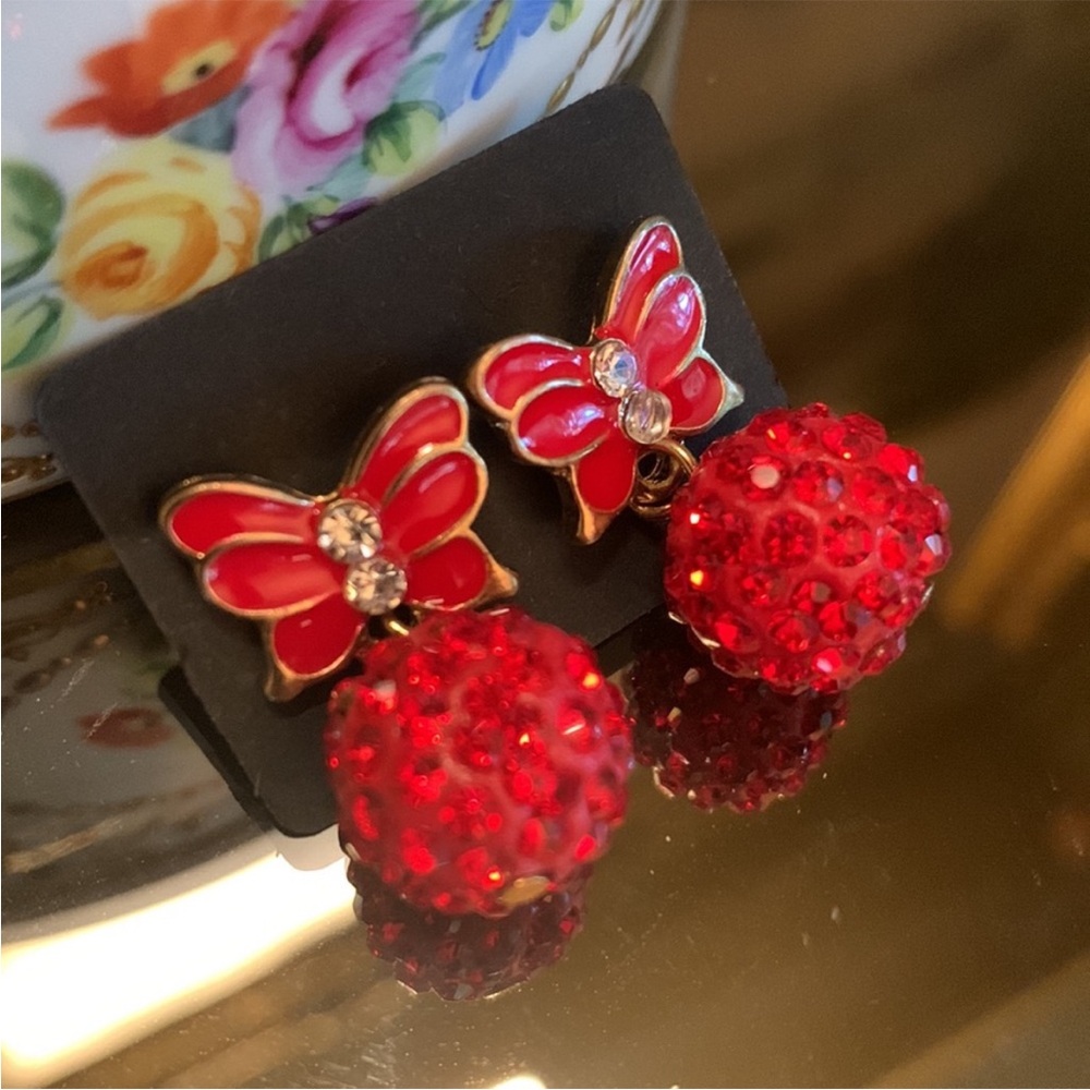 Red Butterfly Stud Drop Ball Earrings